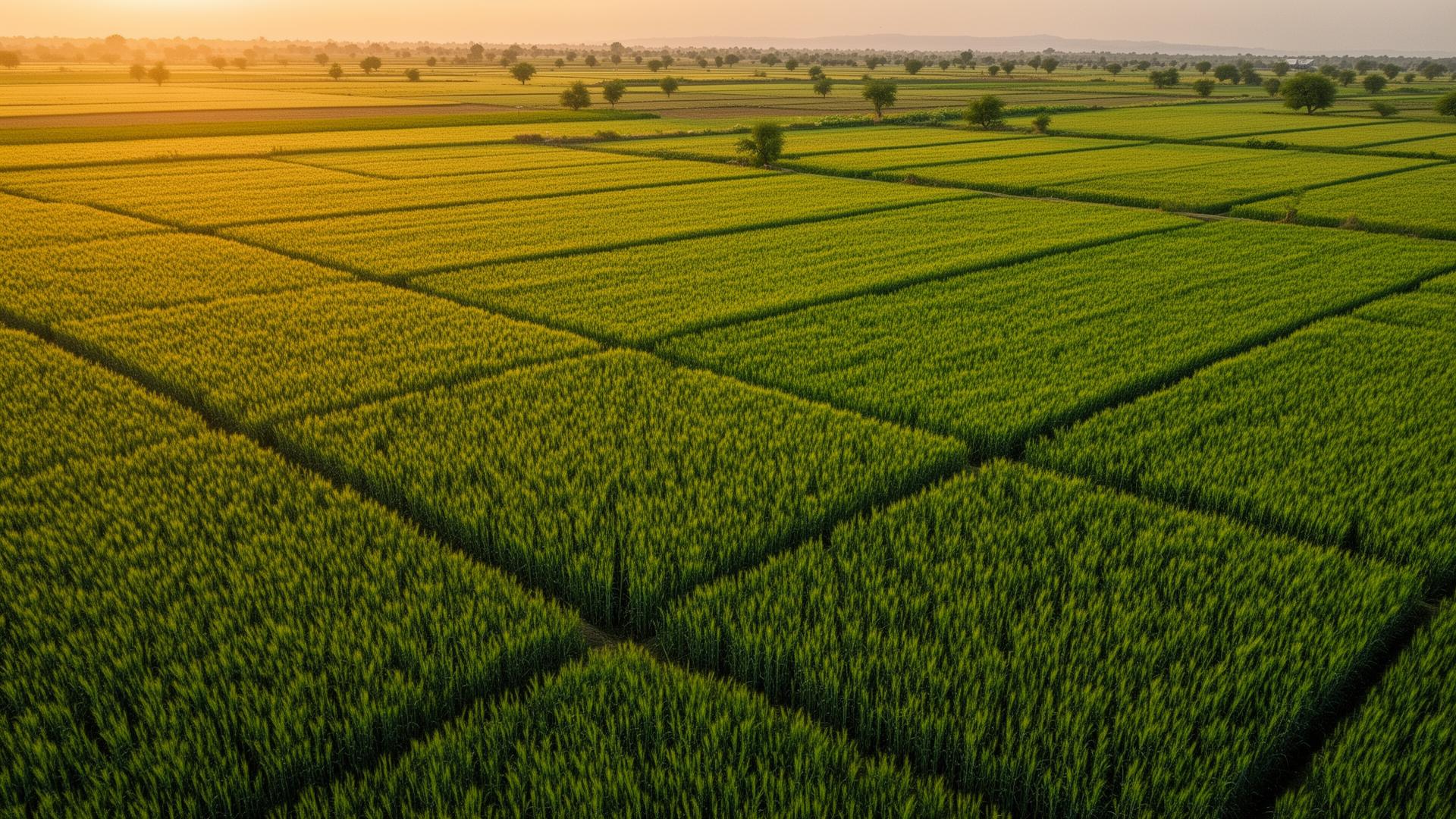Aerial view of Pakistani farmland at golden hour
